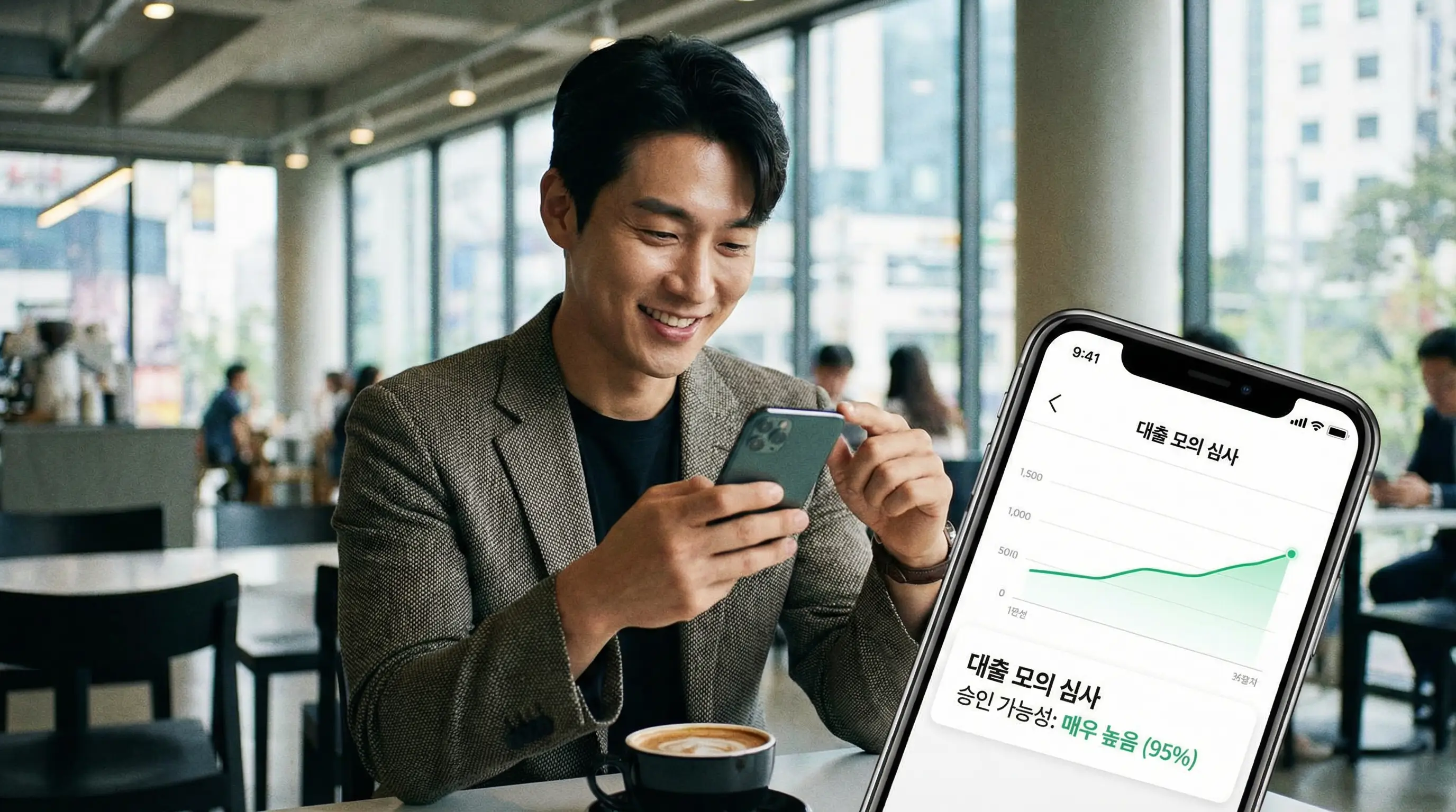 스마트폰 앱으로 대출 모의 심사를 진행하고 승인 가능성을 확인하는 스마트한 모습