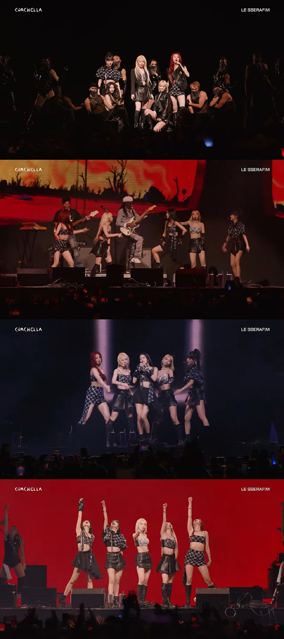 걸그룹 르세라핌이 13일(현지시간) 미국 최대 규모 음악 축제 '코첼라' 데뷔 무대에서 공연하고 있다. [사진=코첼라 밸리 뮤직 앤드 아츠 페스티벌 공식 유튜브 채널/쏘스뮤직(하이브)]