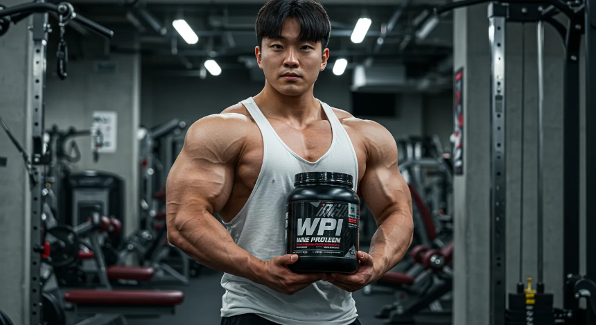 헬스장에서 WPI 웨이 프로틴을 들고 있는 보디빌더