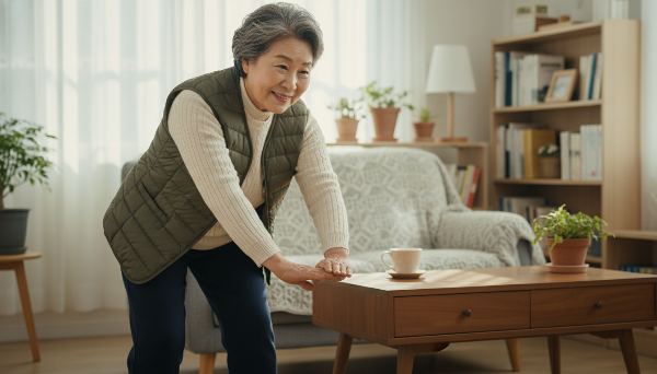 얇은 옷을 여러 겹 겹쳐 입어 따뜻하면서도 편안하게 움직이는 시니어 여성의 모습.