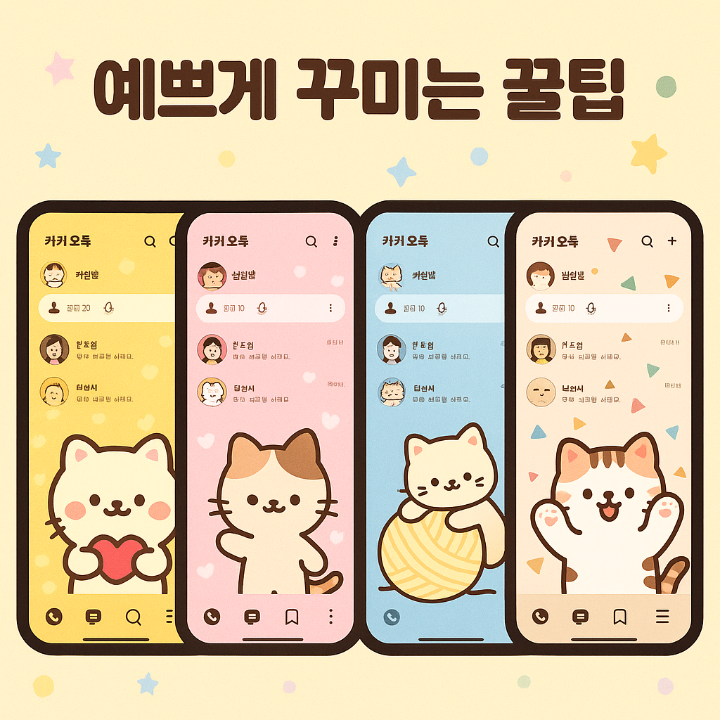 귀여운 고양이 테마 4종을 보여주는 카카오톡 꾸미기 꿀팁 이미지