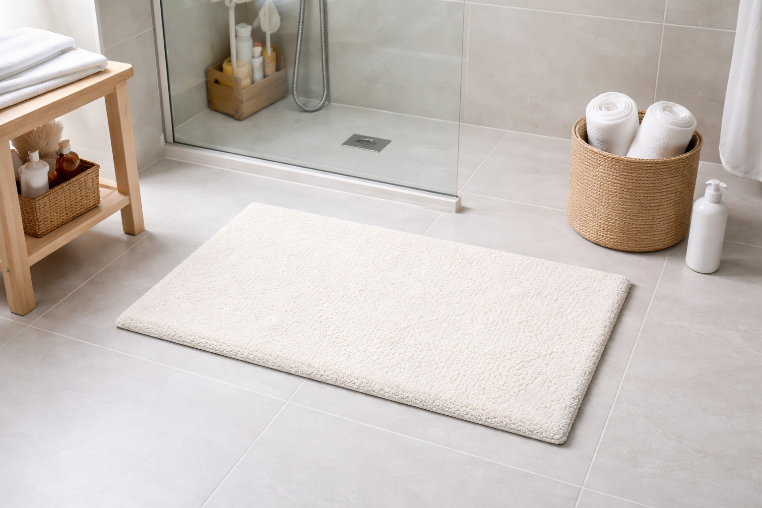 욕실 매트 냄새가 빨리 날 때 점검할 세탁과 건조 습관을 설명하는 욕실 매트 이미지