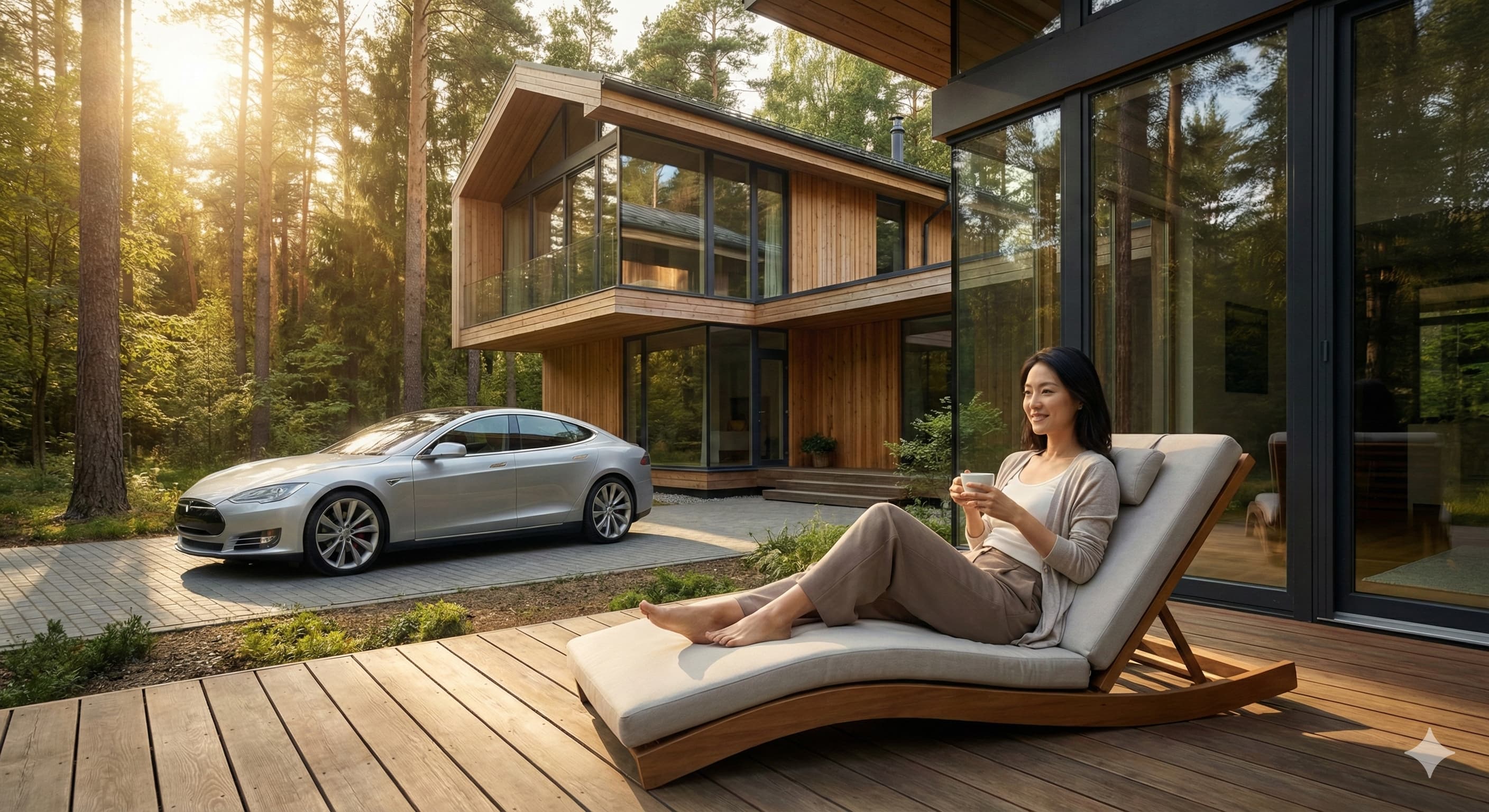 숲속에 자리 잡은 현대적인 친환경 주택과 세련된 자동차 앞에서 편안하게 휴식을 취하는 모델.