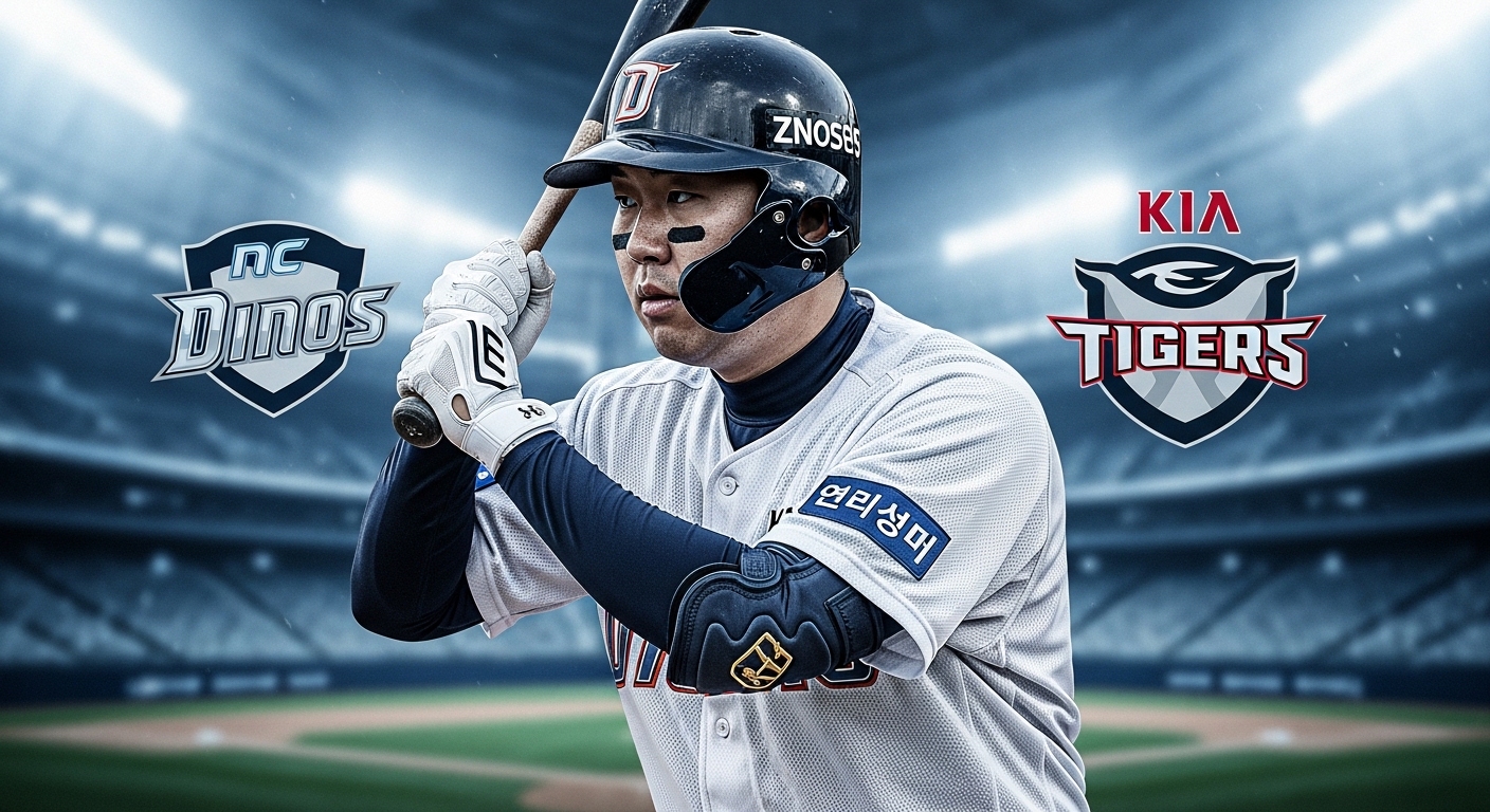 2026년 KBO 손아섭 선수의 KIA 타이거즈 이적 루머를 상징하는 긴장감 넘치는 야구장 이미지