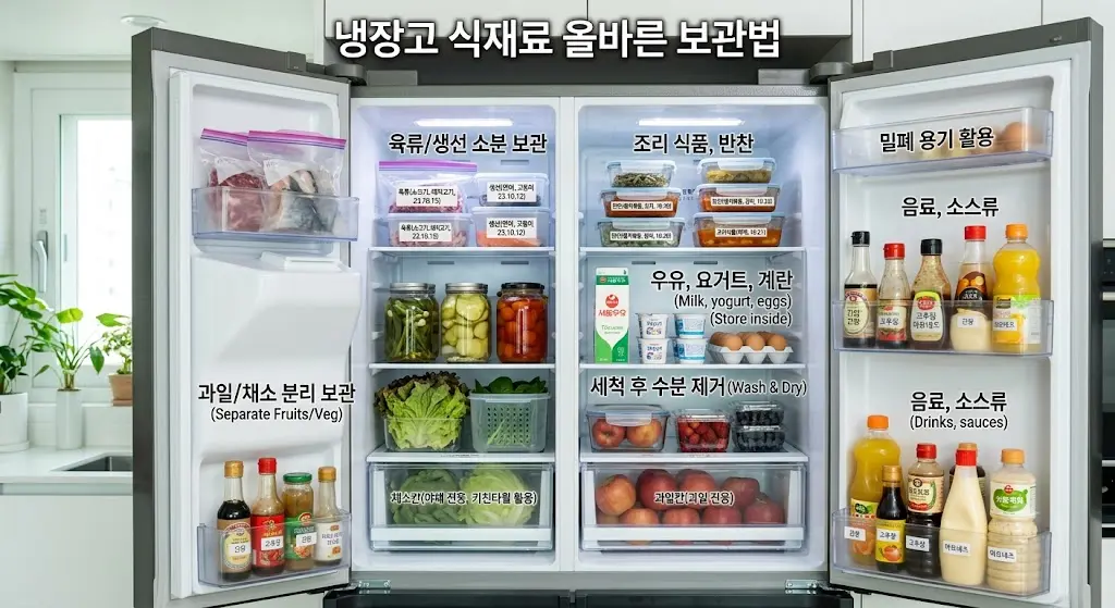 냉장고에서 과일과 채소를 분리 보관하는 식재료 보관법 이미지