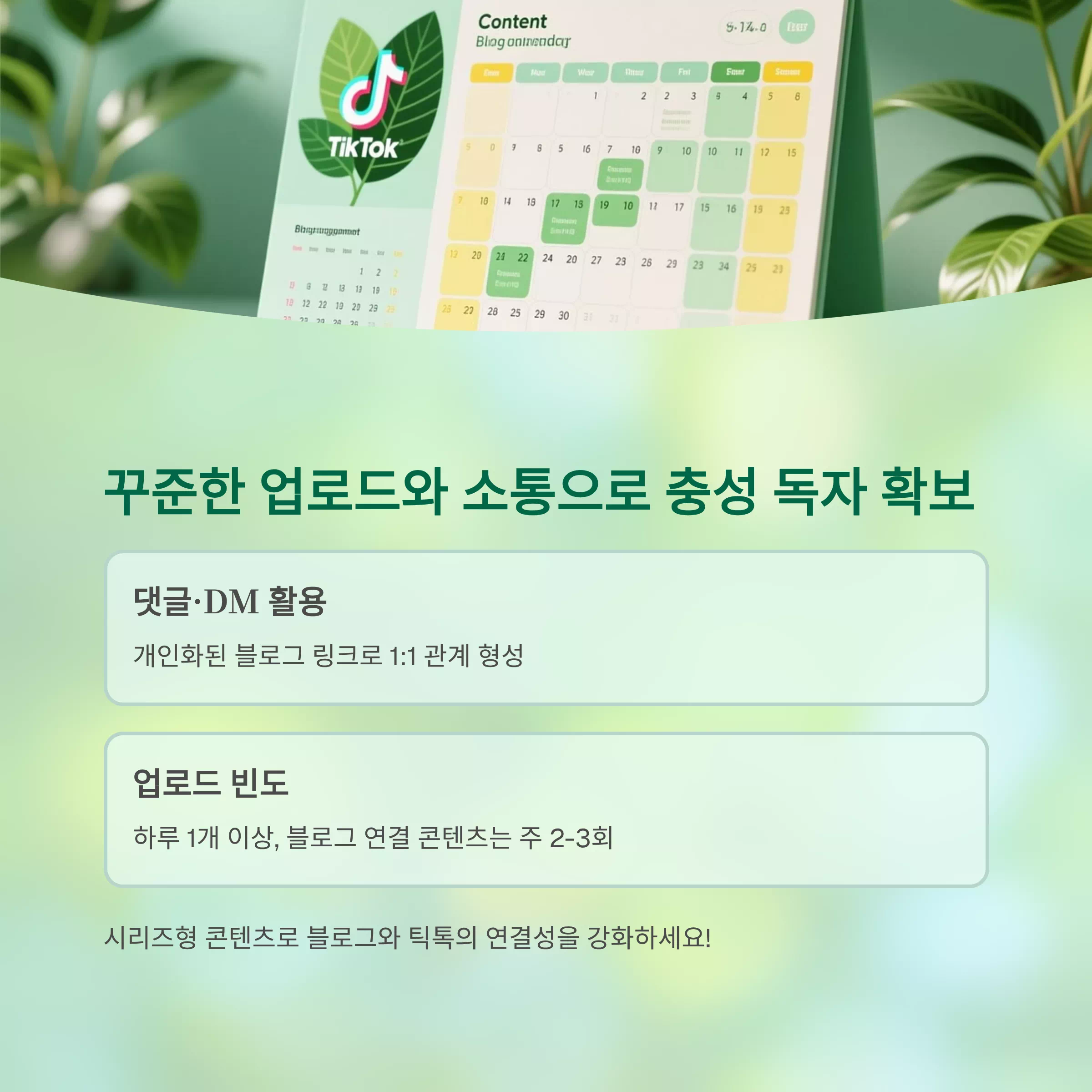 콘텐츠 업로드 캘린더와 틱톡 로고가 함께 표시된 장면