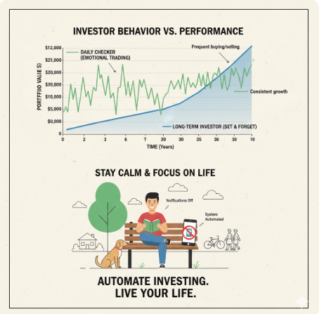 매일 계좌를 확인하는 사람과 장기간 방치하는 사람의 투자 성과를 비교하는 그래프