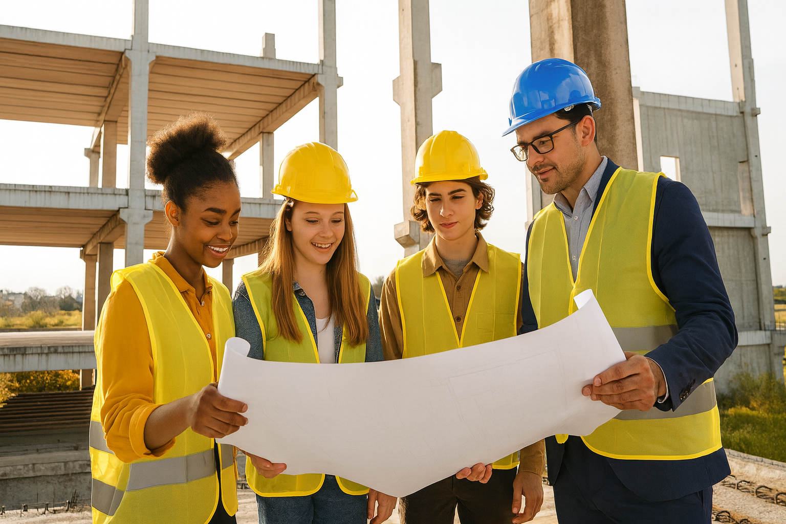 건설현장에서 진로교육을 받고 있는 학생들