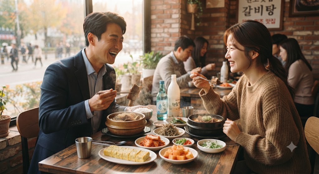 직장인 남녀가 갈비탕을 먹고 있는 모습