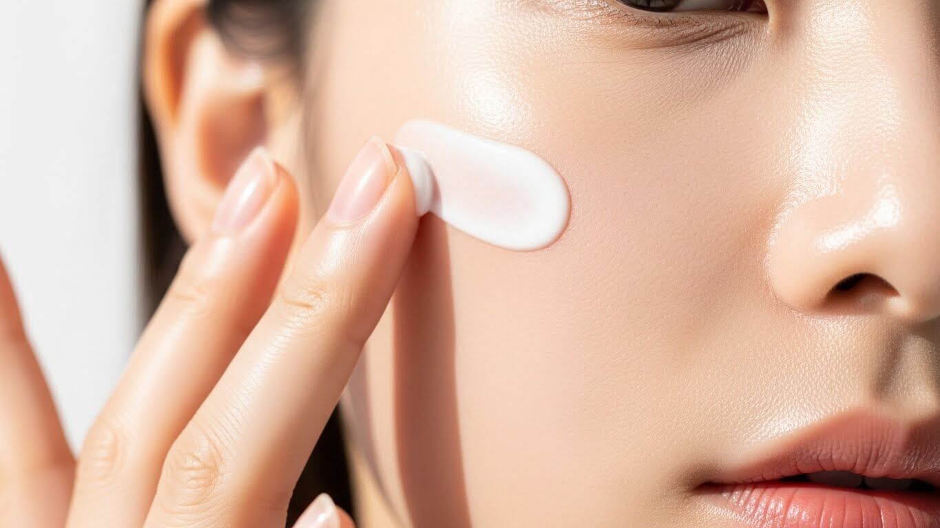 Korean woman applying sunscreen to her cheek, glowing skin and simple K-beauty routine for beginners