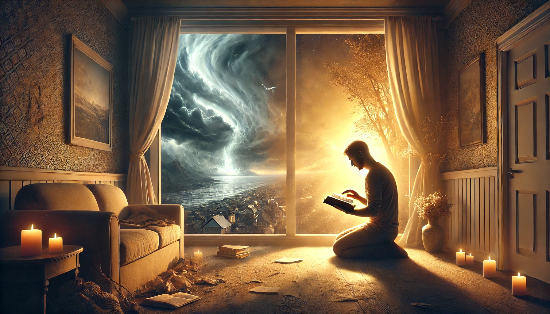 여기 주님의 보호하심과 인도하심을 기억하며 살아가는 모습을 담은 그림입니다. 그림 속의 인물이 기도와 성경 읽기를 통해 평안을 찾고&amp;#44; 주님의 존재와 함께하는 모습을 볼 수 있습니다.