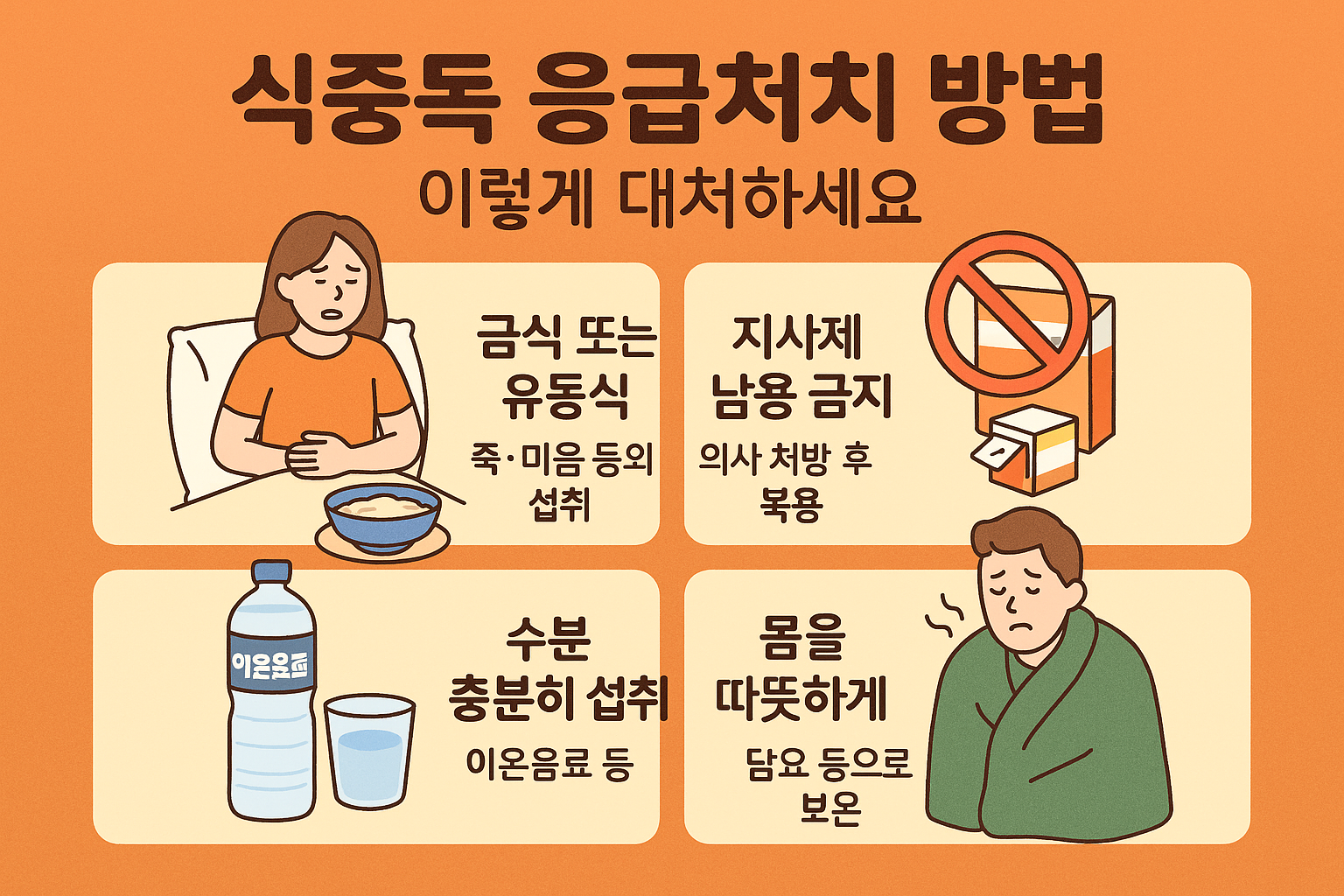 식중독 응급처치 방법을 설명한 한국어 인포그래픽
