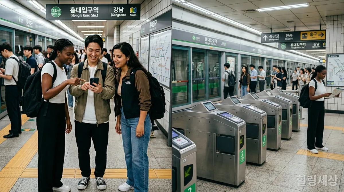 MZ세대 외국인들이 서울 지하철을 이용하여 한국의 대중교통을 체험하는 모습
