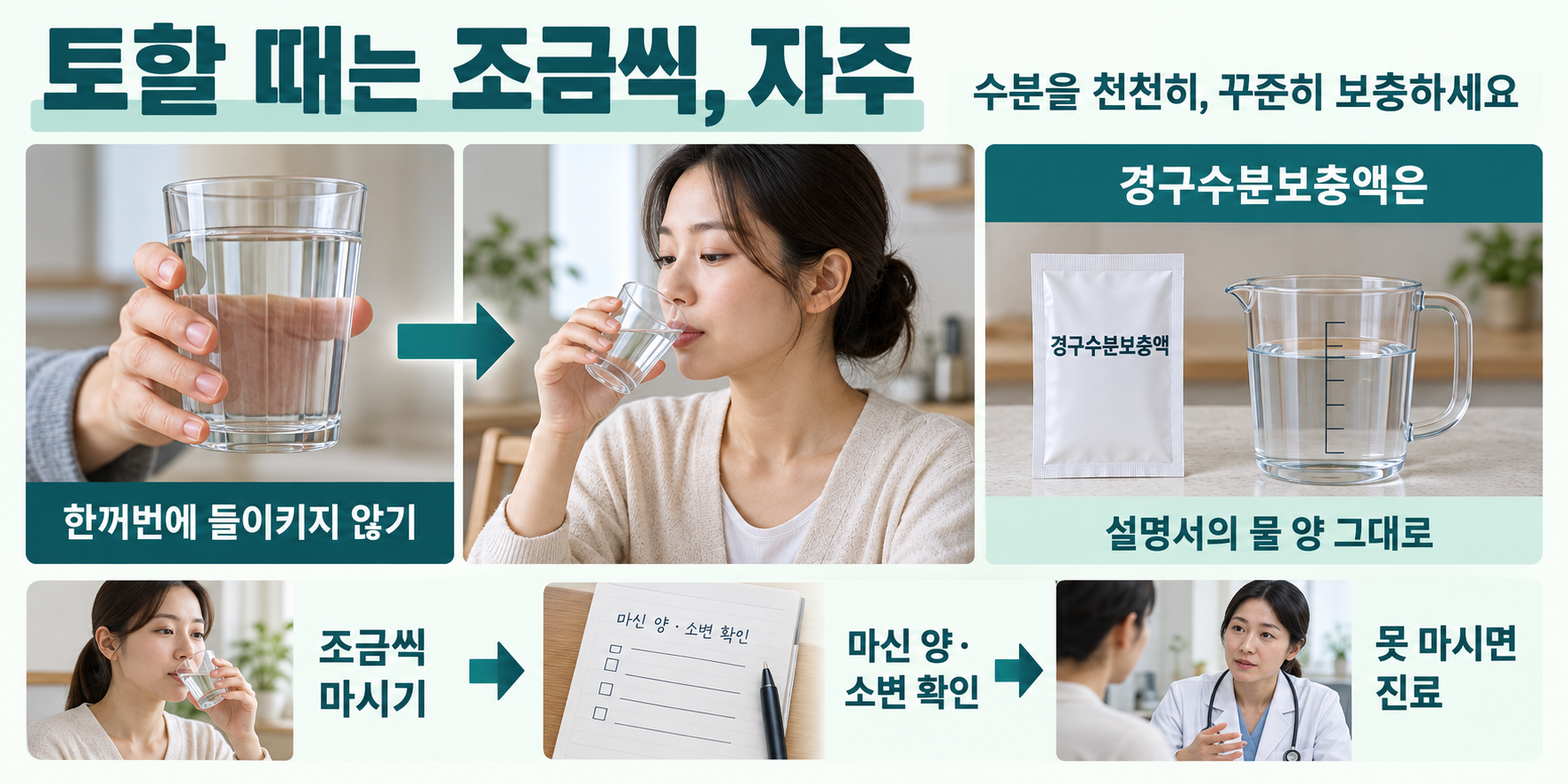 큰 컵을 한 번에 들이키는 방식보다 작은 모금으로 나누어 마시는 실사 비교. 경구수분보충액 분말과 계량 용기를 보여주고 설명서의 물 양을 확인. 고정 섭취량이나 임의 영아 용량을 만들지 않음.
