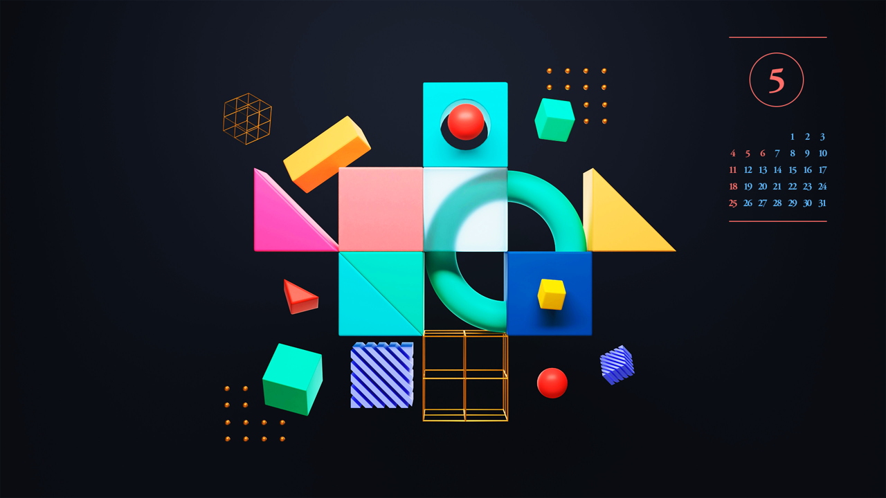 10 3D 도형 검정배경 A - 2025년5월 노트북배경화면