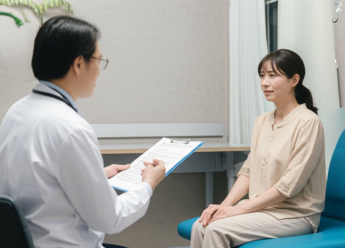 병원에서 의사와 선행 항암관련 치료 상담 중인 유방암 여성 환자