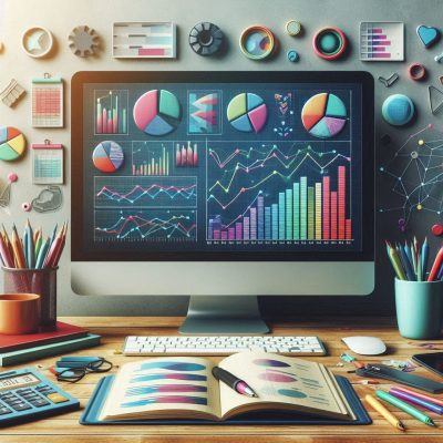 복잡한 데이터와 차트들이 포함된 화면과 책상 위의 분석 자료