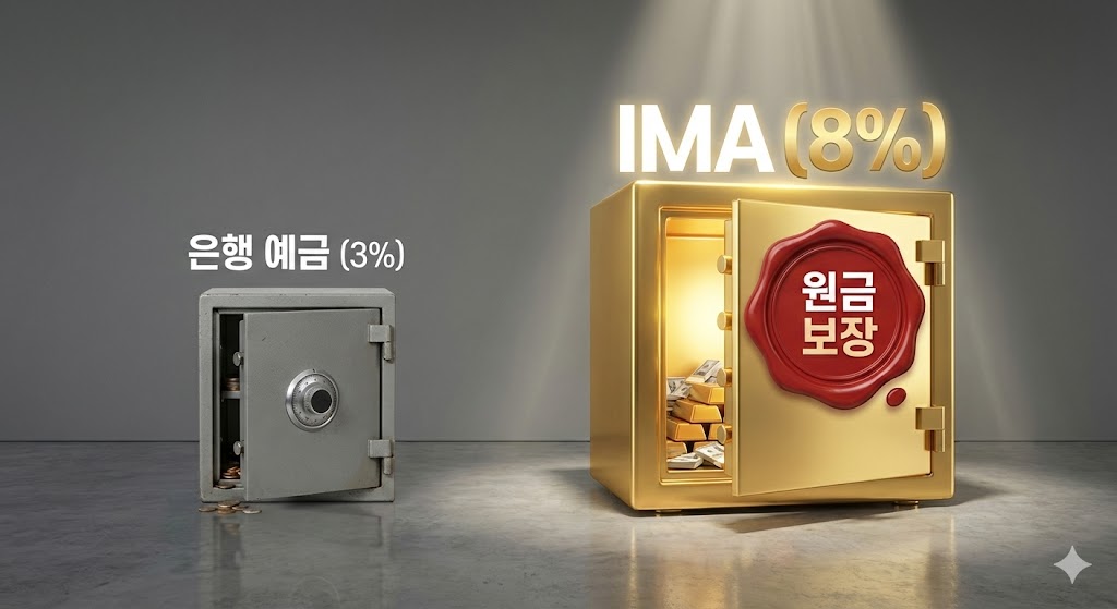 '은행 예금(3%)'은 작게, 'IMA(8%)'는 거대하게 그려진 비교 이미지. IMA 위에 '원금보장' 도장이 꽝! 찍혀있음
