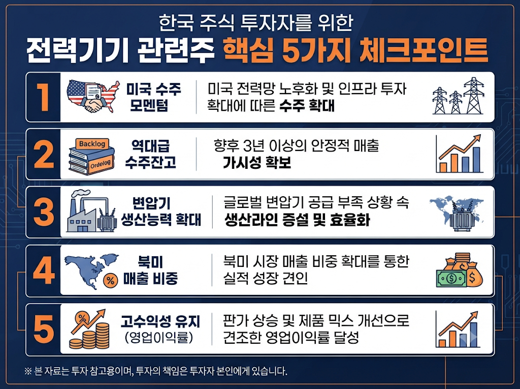 전력기기 관련주 투자자가 확인해야 할 미국 수주 수주잔고 생산능력 북미 매출 영업이익률 5가지 체크포인트