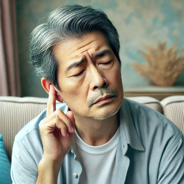 소파에 앉아 한쪽 귀를 누르며 불안한 표정을 짓고 있는 동양인 중년 남성의 초고해상도 사진 (이명 증상 표현)