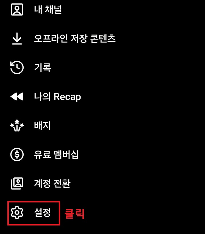 화면 하단에 설정 메뉴 보임