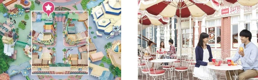 지도에 별표로 위치가 나와있는 그림과 식당의 하얀색 테이블에서 사람들이 음식을 먹으며 이야기 하고 있는 사진