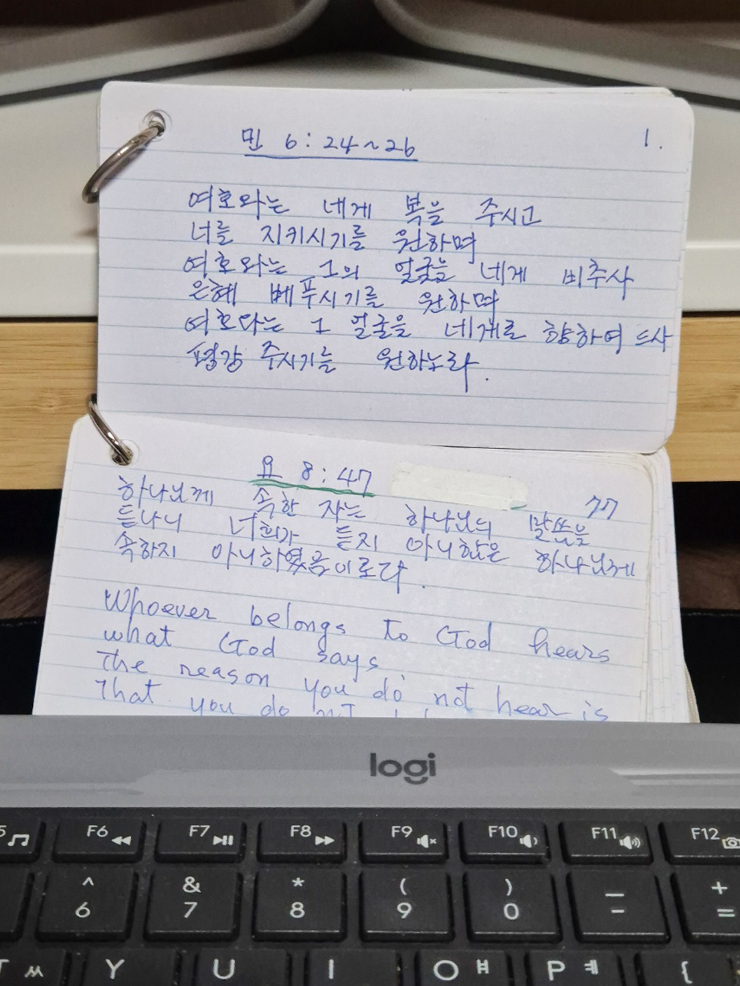 여호와는네게 복을 주시고 너를 지키시기를 원하며 여호와는 그의 얼굴을 네게 비추사 은혜 베푸시기를 원하며 여호화는 그 얼굴을 네게로 향하여 드사 평강 주시기를 원하노라. (민 6:24-26) 하나님께 속한 자는 하나님의 말씀을 듣나니 너희가 듣지 아니함은 하나님께 속하지 아니하였음이로다. (요 8:47) 오랜만에 엄마의 메모장을 펼쳤어요. 엄마의 손글씨로 적힌 성경 말씀이 전해주는 깊은 기쁨과 그리움에 감사합니다.