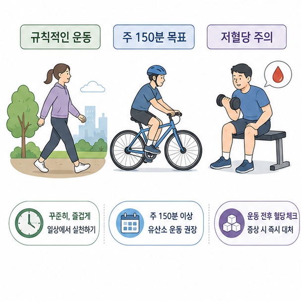 걷기와 자전거, 근력운동 같은 규칙적인 신체활동이 혈당 관리에 도움이 되며 저혈당에도 주의해야 함을 보여주는 그림