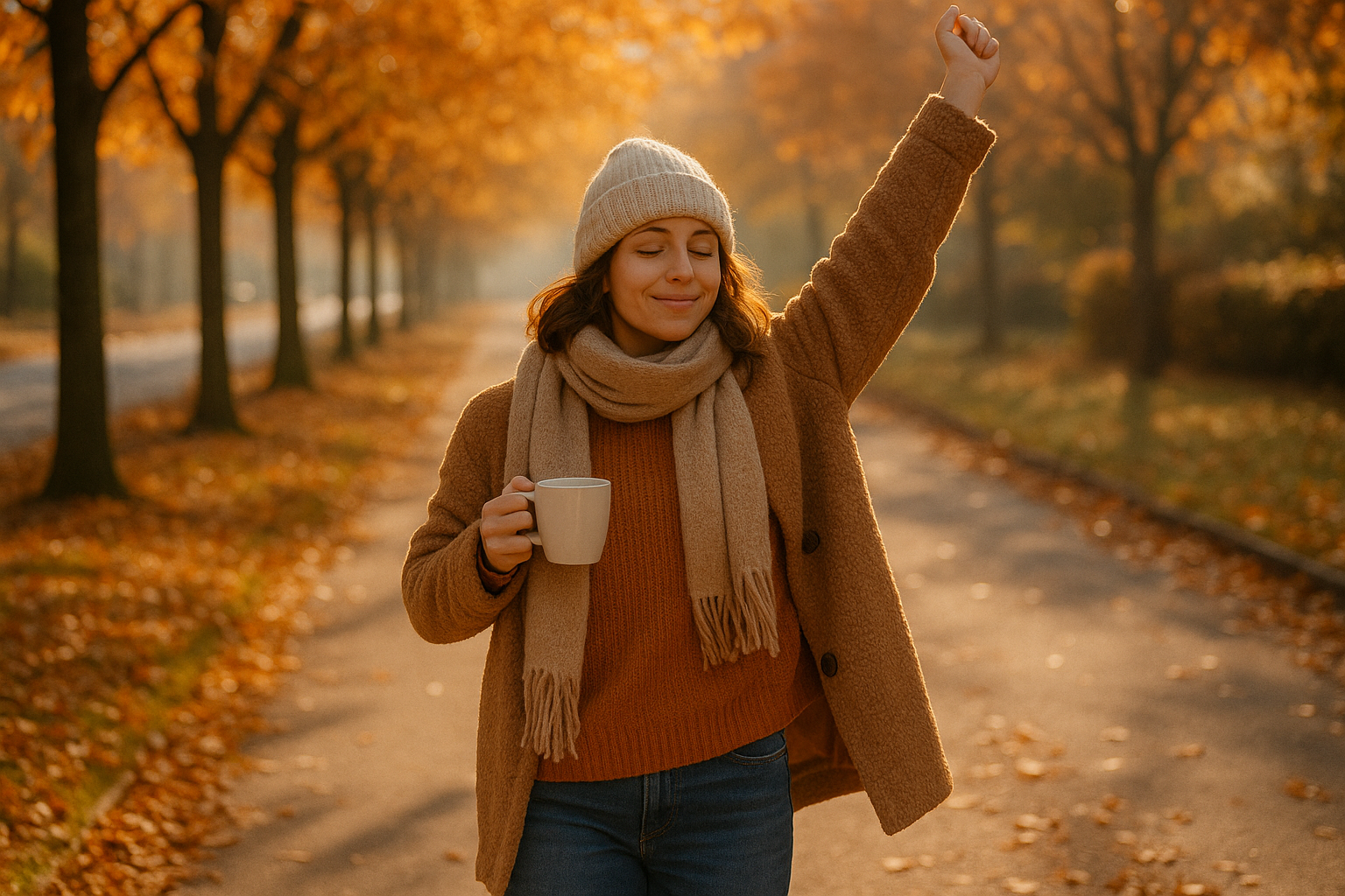 따뜻한 차를 마시며 아침 스트레칭하는 사람, 가을 햇살 아래 산책 중인 사람