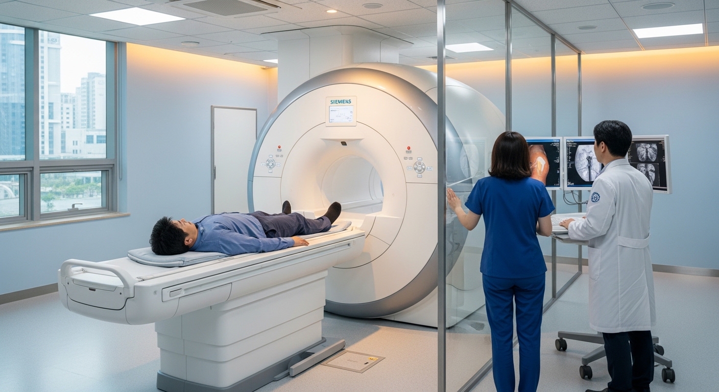의료진이-병원-영상의학과에서-환자의-무릎을-MRI-촬영하는-장면