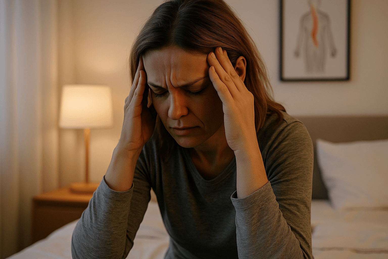 침대에 앉아 이마를 짚고 있는 피곤한 여성의 모습, 만성두통과 피로를 상징적으로 표현한 장면.