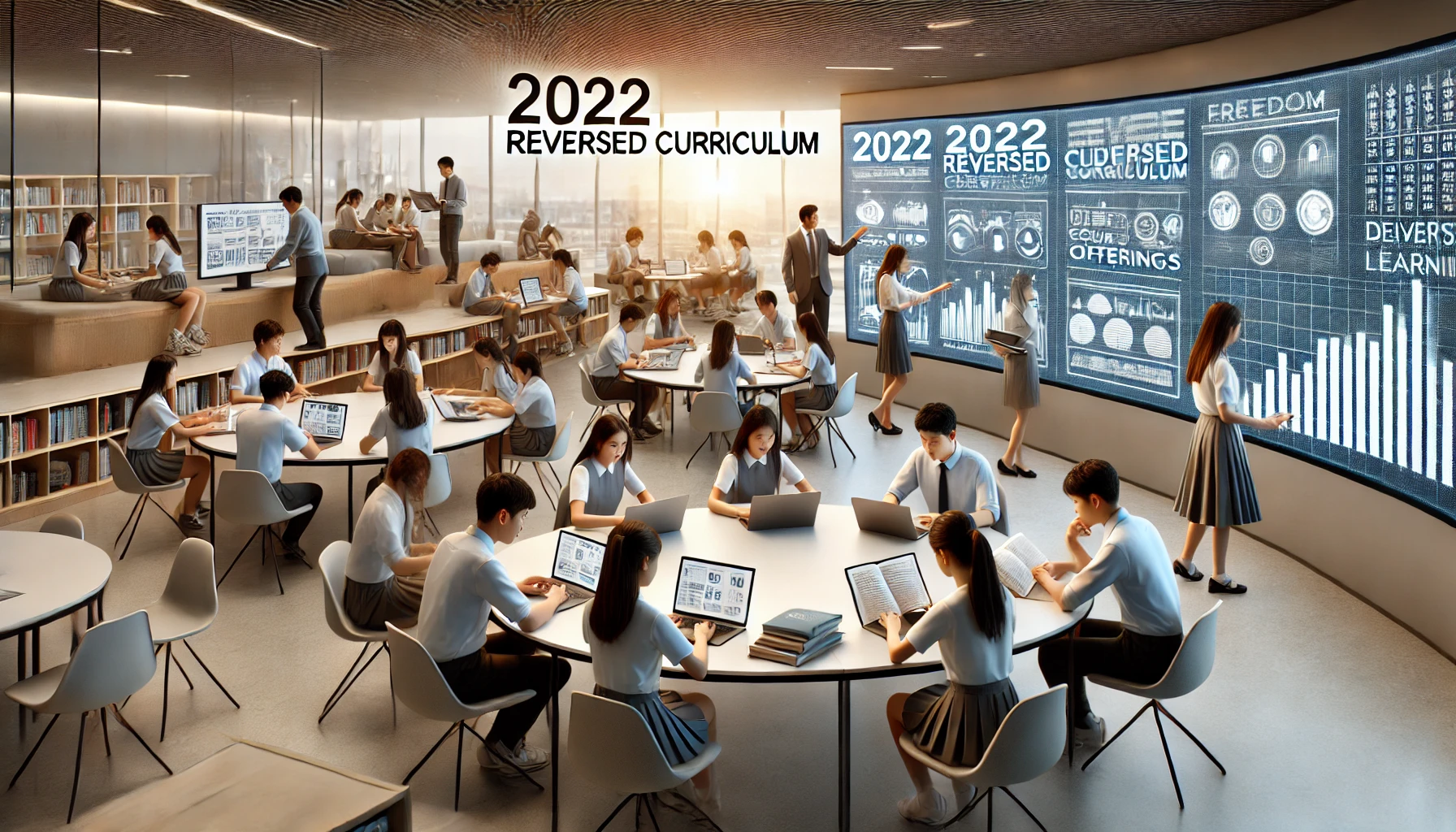 학생들이 다양한 과목을 학습하고, 자유롭게 과목을 선택하는 모습을 나타내는 이미지