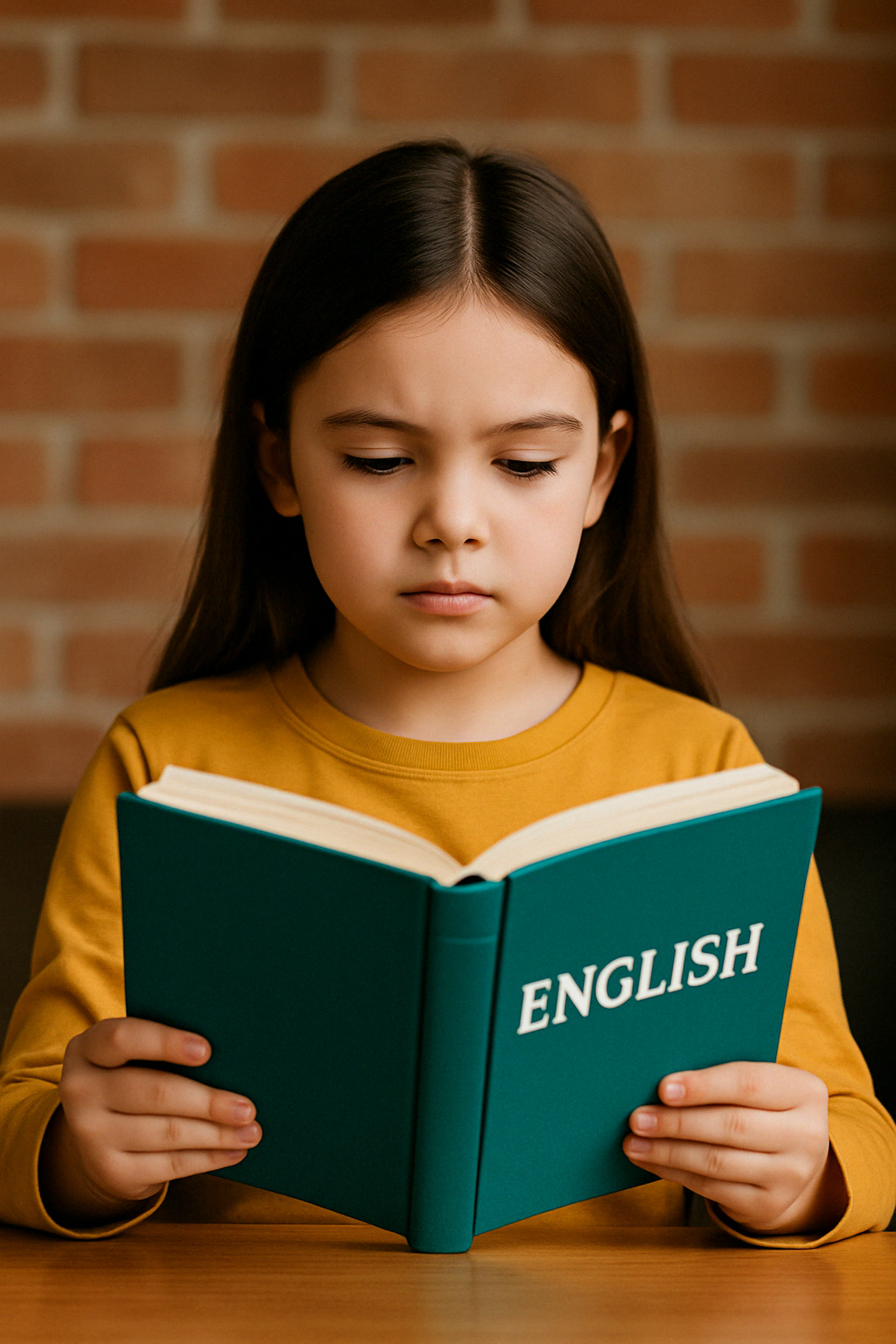 책을 들고 영어를 공부하는 어린 여자아이 일러스트 &ndash; 왕초보도 영어 학습에 친근하게 접근할 수 있도록 따뜻하고 밝은 분위기로 그려진 이미지입니다. 학습의 즐거움과 집중하는 모습을 함께 표현하여 영어 공부에 대한 긍정적인 인상을 전해줍니다.