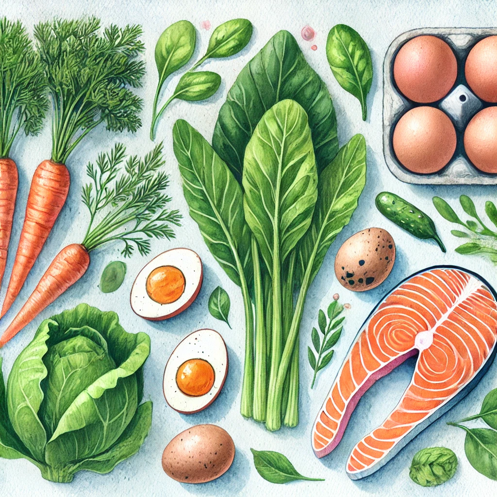 눈 건강에 좋은 음식들 (당근, 녹색 채소, 연어, 계란 등)