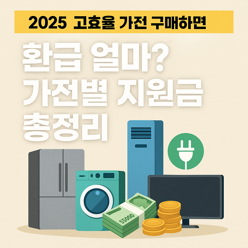 2025년 고효율 가전 구매 시 환급액을 주제로 한 인포그래픽 썸네일. 냉장고, 세탁기, 에어컨 등 가전제품과 현금, 전기 플러그 아이콘이 포함된 디자인