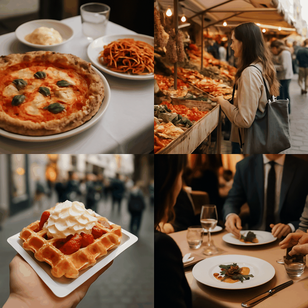 ChatGPT의 말:
유럽 각국의 대표 음식을 생생하게 담은 네 장의 사진이 콜라주 형식으로 구성된 이미지