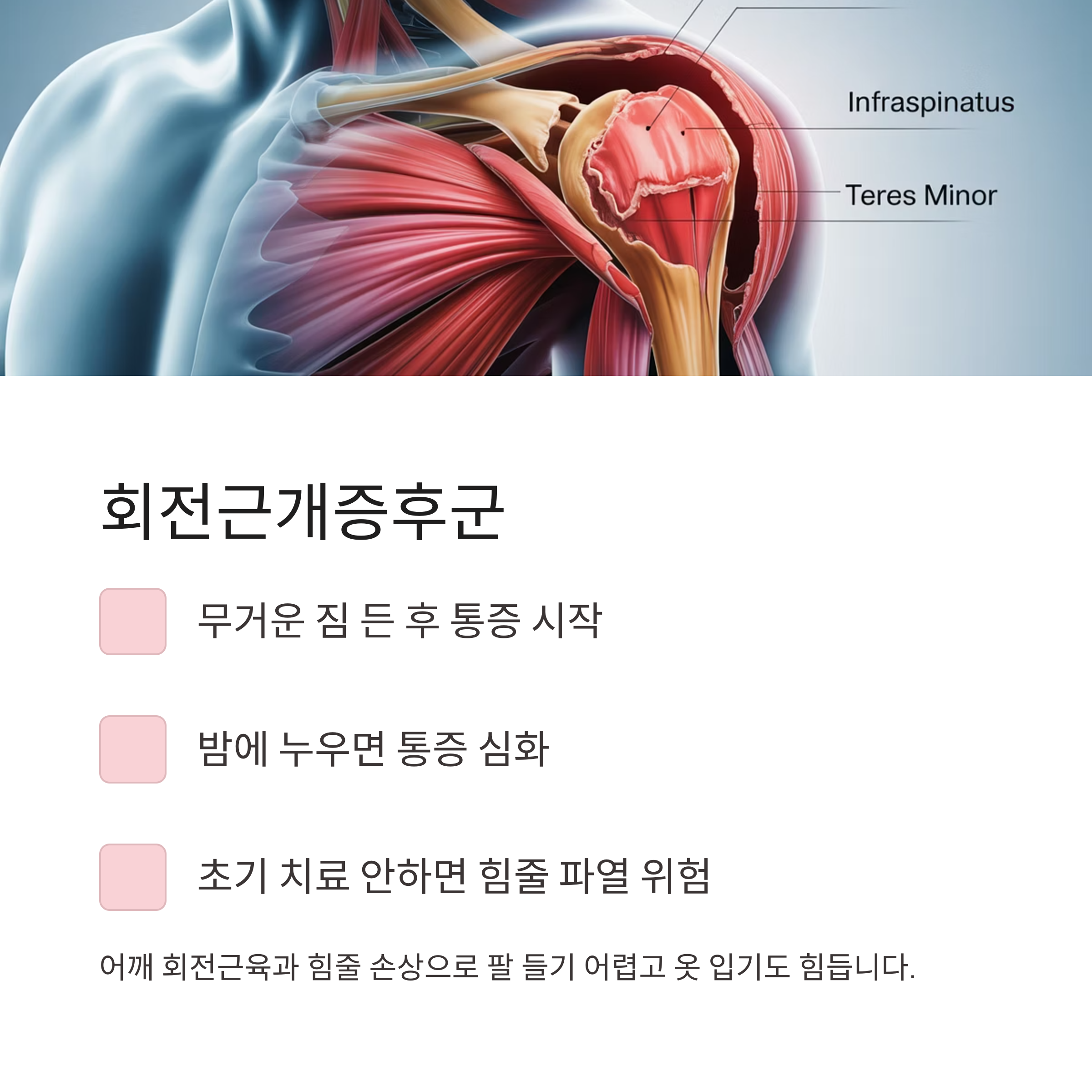 어깨 회전근개에 발생하는 통증 부위와 회전근개증후군의 증상 및 위험성을 설명하는 이미지