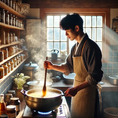 요리사가 조청을 끓이고 있다.