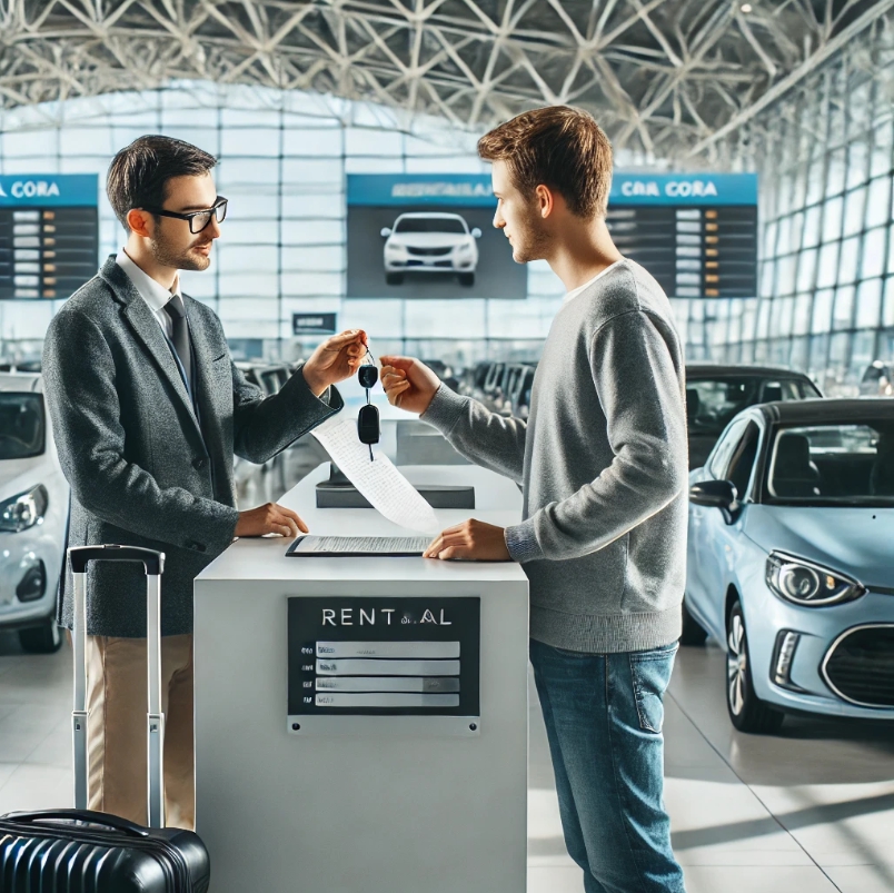 국제공항의 현대적인 렌터카 스테이션. 한 여행객이 카운터에서 렌터카 계약을 체결하고 직원이 차량 열쇠를 건네고 있습니다
