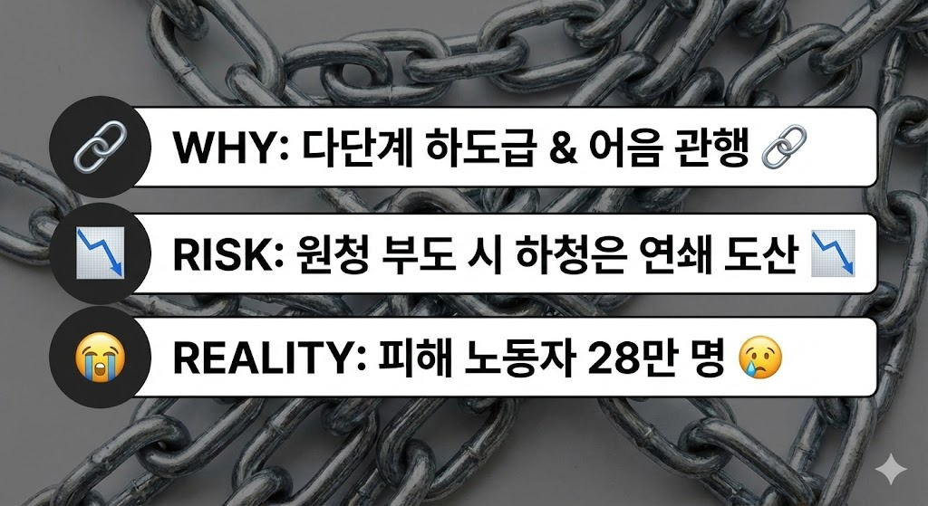 WHY: 다단계 하도급 &amp; 어음 관행 🔗

RISK: 원청 부도 시 하청은 연쇄 도산 📉

REALITY: 피해 노동자 28만 명 😢

대체 텍스트: 복잡한 하도급 구조를 시각화한 카드뉴스