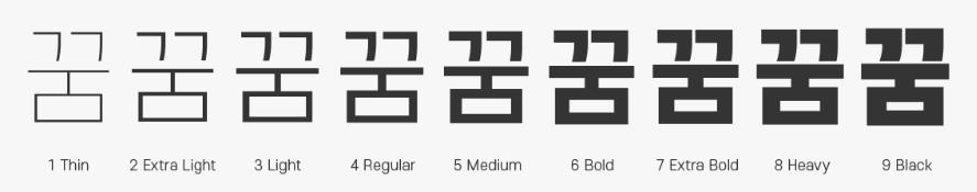 9가지의 다양한 글자 두께