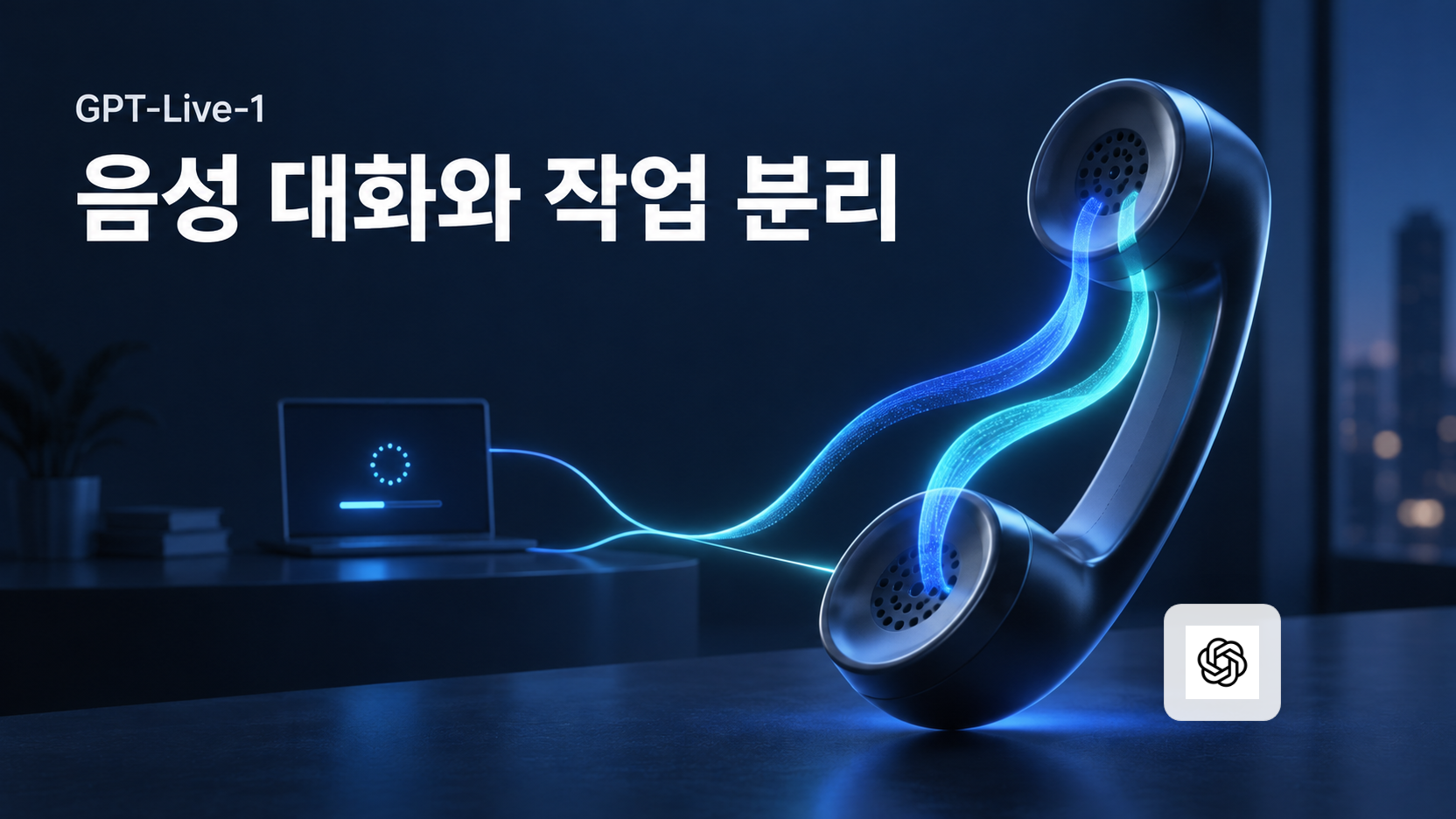 음성 대화와 백엔드 작업의 분리를 전화 수화기와 연결된 빛으로 표현한 이미지