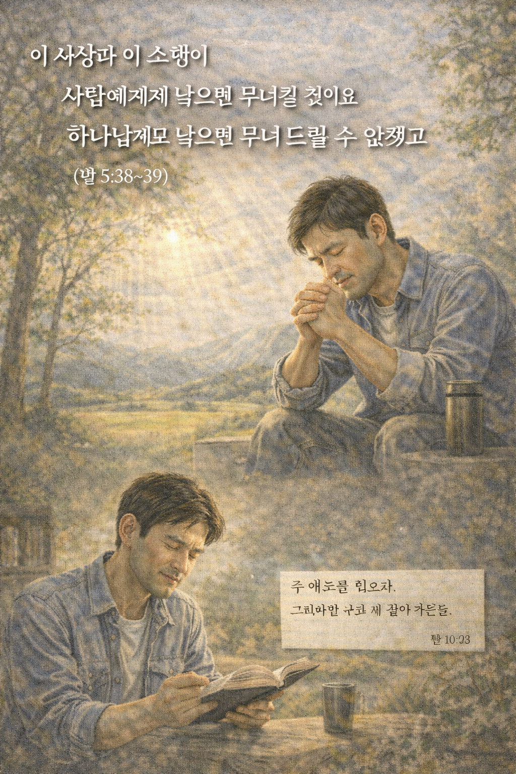 행 5:38-39 말씀을 통해 잠시 시간을 내어 홀로 있는 시간을 통해 하나님의 계획을 분별하고 하나님의 계획 안에서 생활하며 방향을 맞추는 시도를 할 것이 생각되었고&amp;#44; 오늘 중 잠시 시간을 내어 세상의 계획에서 떠나서 기도하며 말씀을 묵상하는 시도를 하는 모습입니다.