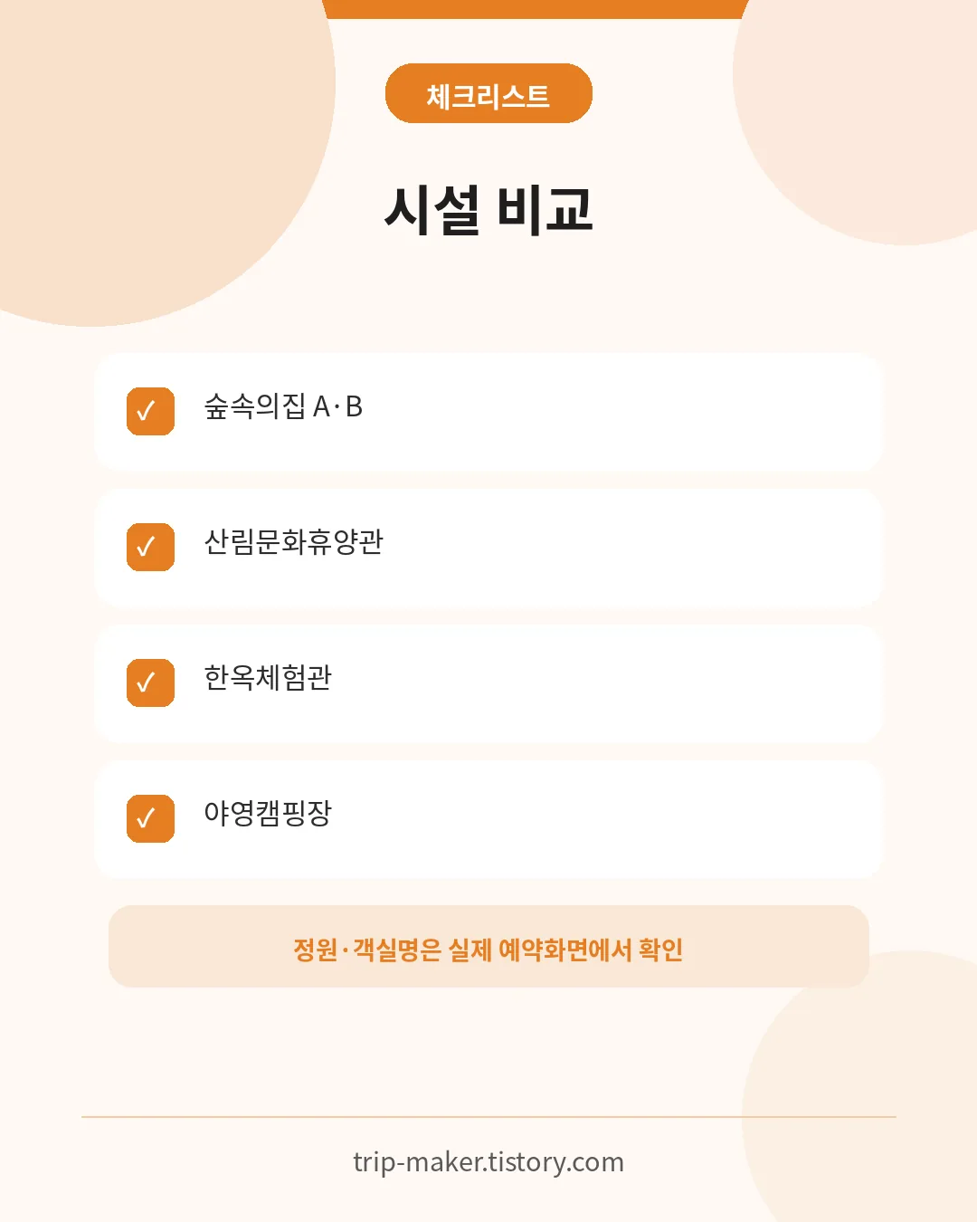 성불산 자연휴양림 숲속의집&middot;휴양관&middot;한옥체험관&middot;야영캠핑장 비교