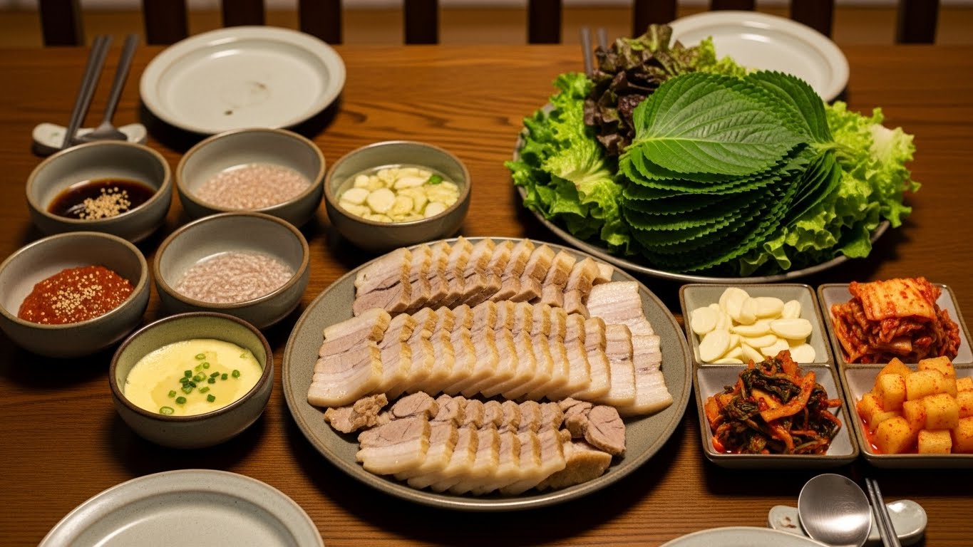 물-없는-삶은-돼지고기-조각,-상추-랩,-디핑-소스,-슬라이스-마늘,-김치가-어우러진-한국식-식탁-세트입니다.