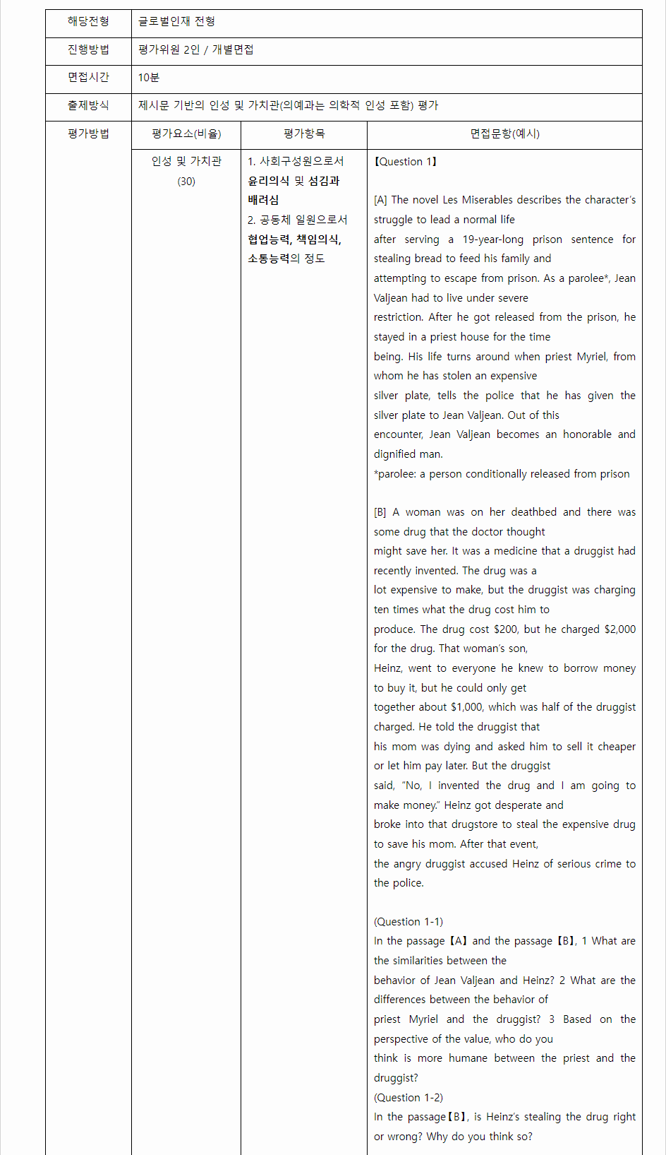 2024학년도 연세대학교(미래) 학생부종합전형 면접평가 글로벌인재 전형 면접문항(예시)