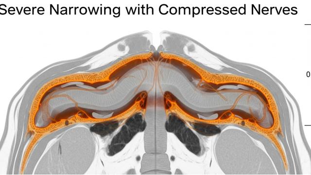디스크 퇴행&middot;인대 비후&middot;뼈 증식으로 척추관이 점점 좁아지는 과정을 단계별로 표현한 일러스트