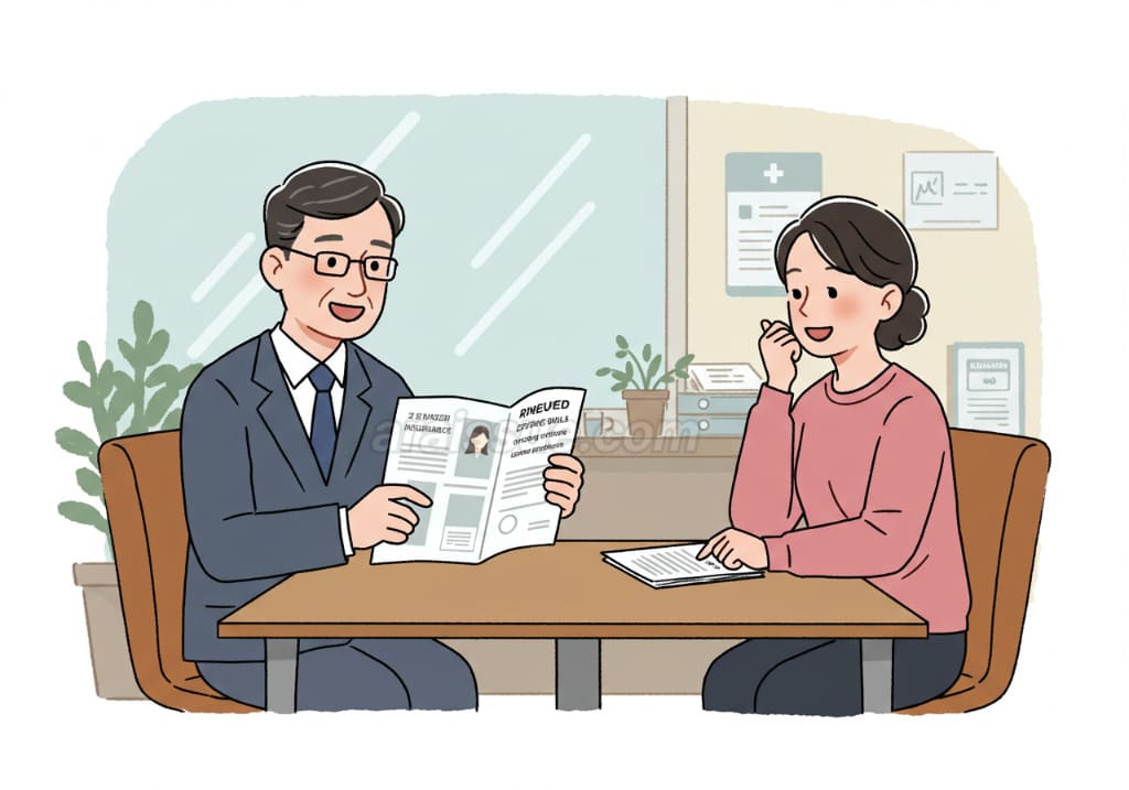 실손보험 개편으로 보험료 절감 옵션을 설명하는 한국 중년 남성 및 여성. 보험료 절감을 위한 보장 항목 축소에 대해 논의하는 장면입니다.