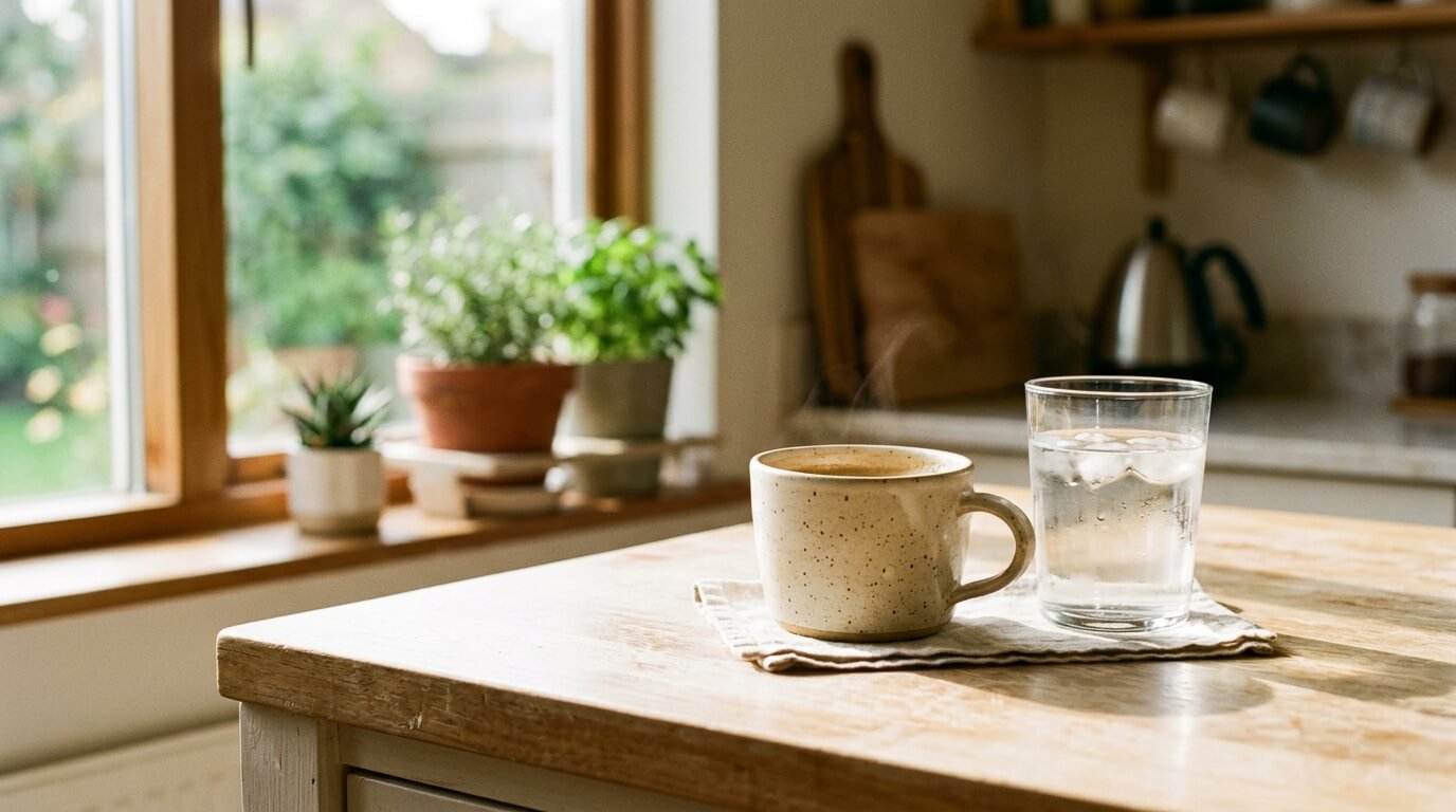 아침 커피와 물 한 잔이 나란히 놓인 주방, 건강한 아침 루틴 커피 마시는 시간