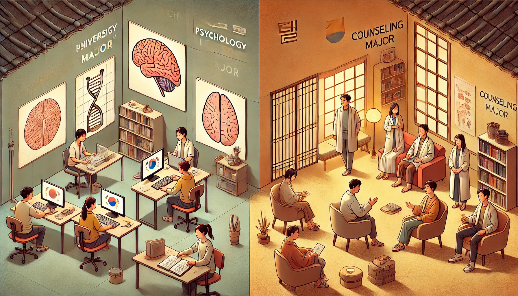 심리학과 vs 상담학과 수업 장면 비교 인포그래픽